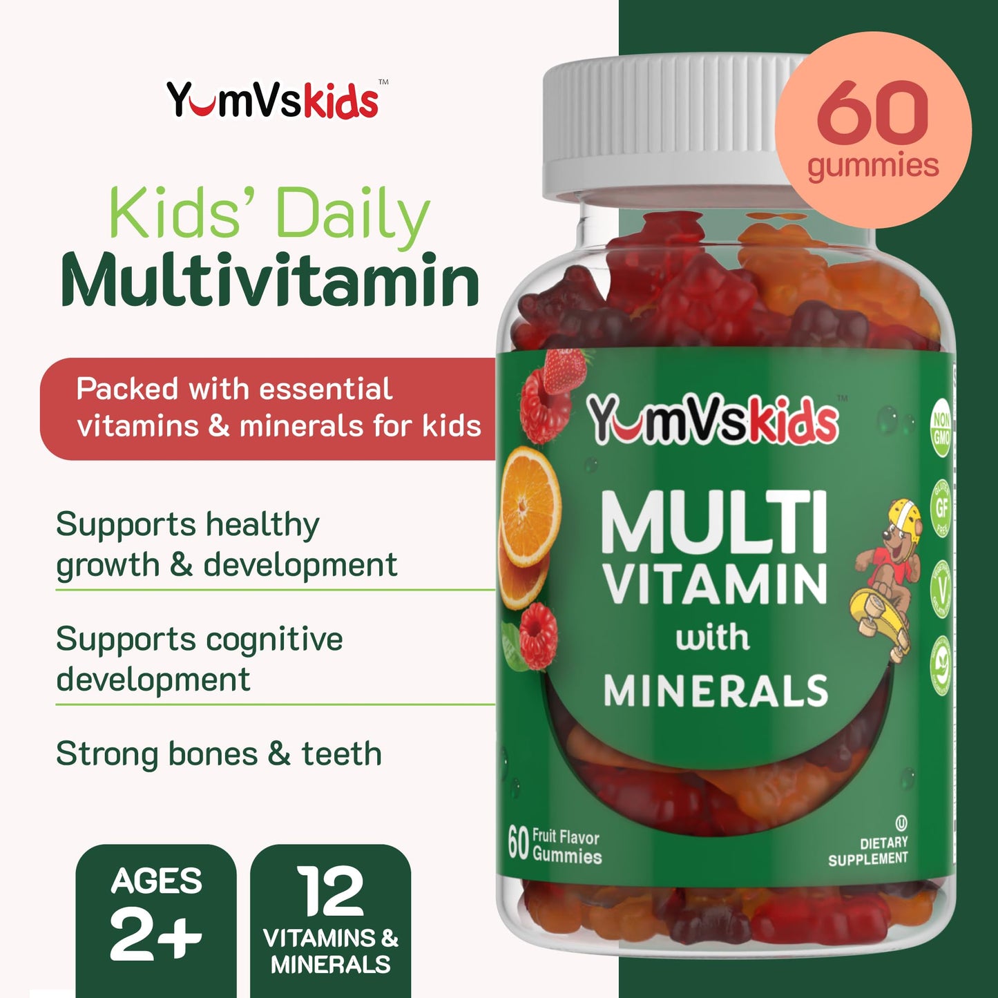 YumVs Kids Multivitamin Gummies - Fruit Flavored Chewable Children's Multivitamin - Kids Vitamins Multivitamin Gummy with 12 Minerals & Vitamins A C D3 E B6 B12 - Kosher Halal Gluten Free (60 Count) - Nirvana Guru