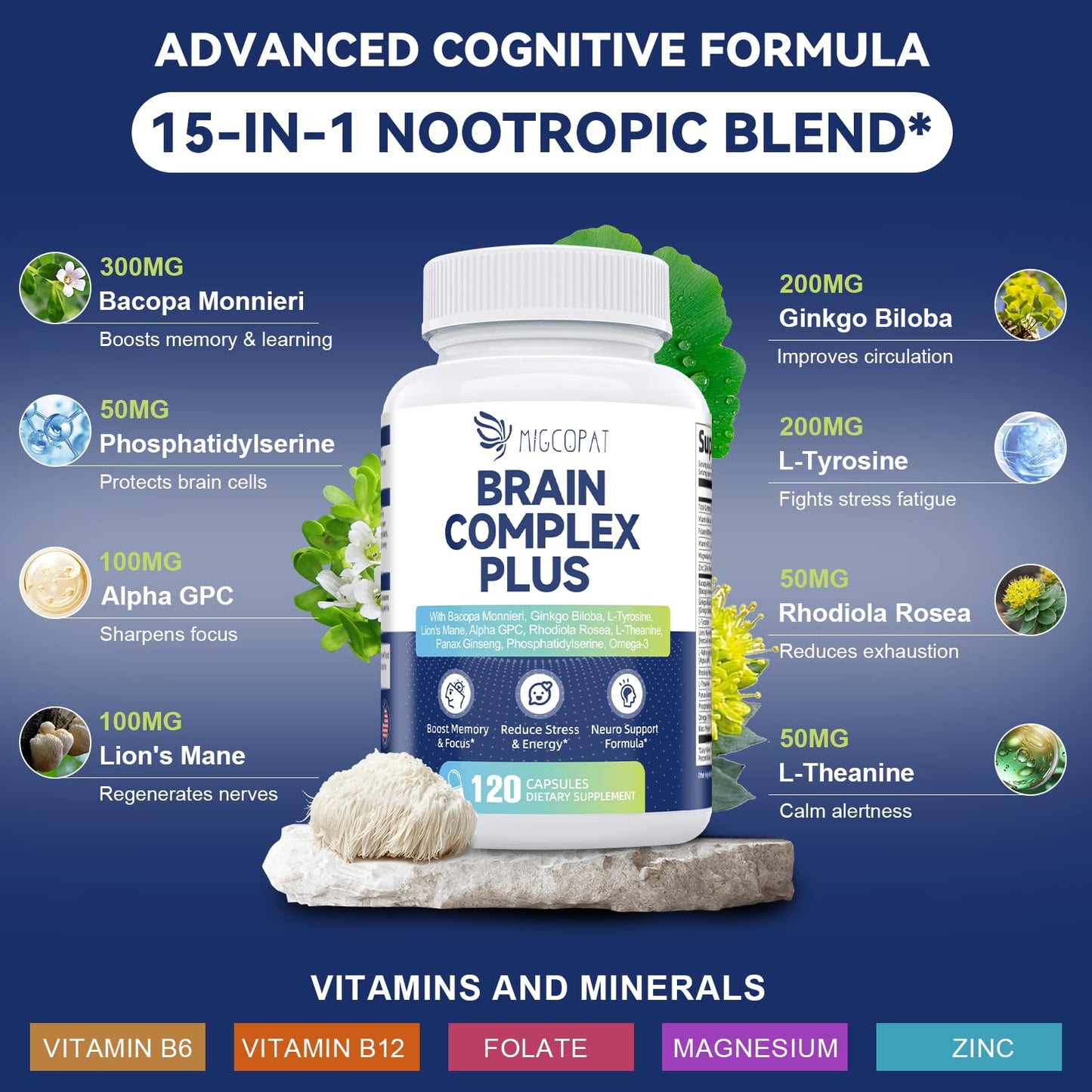 Brain Supplements for Memory & Focus - Nootropic with Bacopa Monnieri, Lion's Mane, Alpha GPC, Phosphatidylserine | Supports Mental Clarity & Cognitive Function | Vitamin B6 & B12-120 Capsules - Nirvana Guru