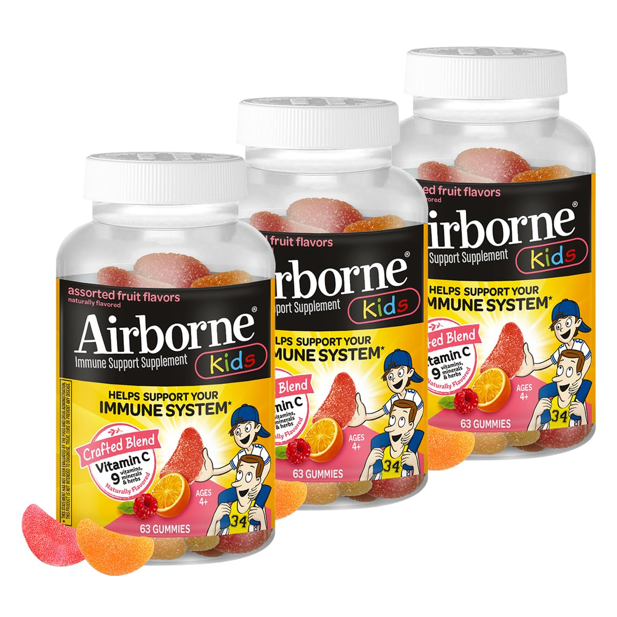 Airborne Vitamin C 500mg (per Serving) - Assorted Fruit Flavored Kids Gummies (63 Count in a Bottle), Gluten-Free Immune Support Supplement with Vitamins C E, Selenium Nirvana Guru