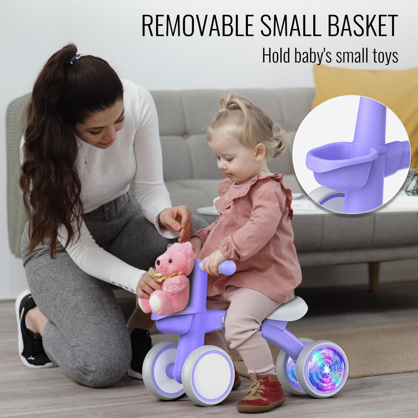 Umatoll Colorful Lighting Baby Balance Bike Toys for 1 Year Old Girls Gifts, Adjustable Seat, 1st Birthday Gifts, 12-24 Months Toddler Bike, Pink Nirvana Guru