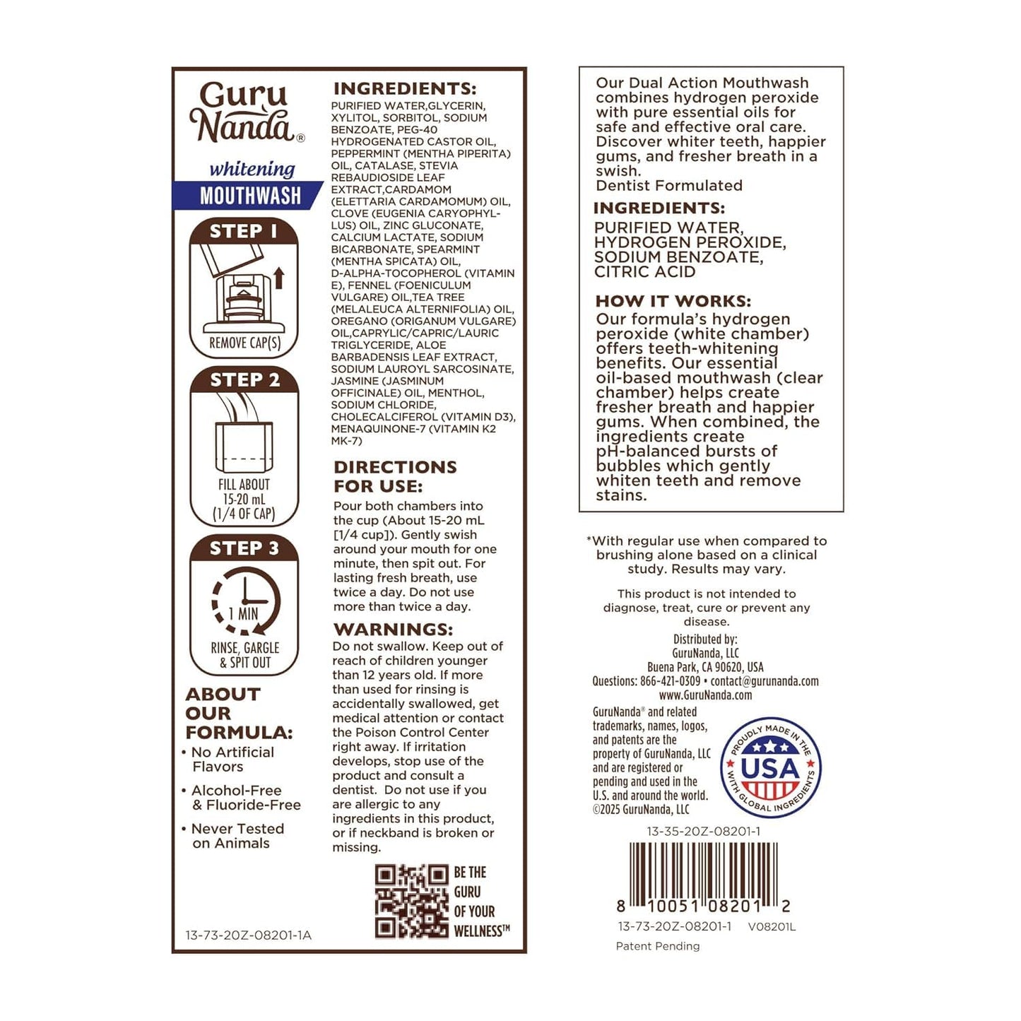 GuruNanda Teeth Whitening Dual Barrel Oxyburst Mouthwash - Alcohol & Fluoride Free, Hydrogen Peroxide to Promote Whiter Teeth - Wild Mint - 20 Fl Oz Nirvana Guru