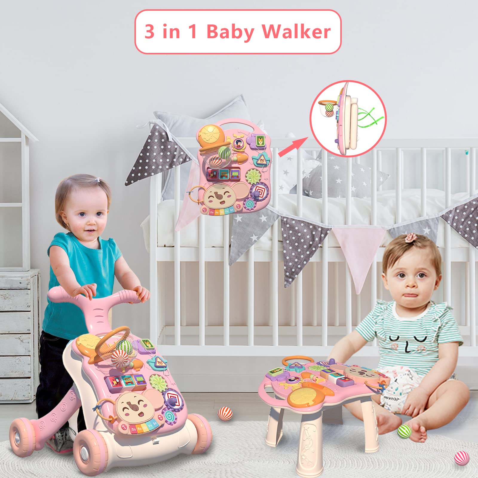 QDRAGON 3 in 1 Baby Walker and Activity Center for Girl, Learning to Walk, Sit to Stand, Early Educational Push Toys with Music Panel for Infant Toddler 12+ Months Pink Nirvana Guru