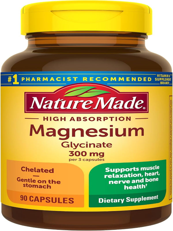Nature Made High Absorption Magnesium Glycinate 300mg per 3 Capsules, Magnesium Supplement for Muscle, Heart, Nerve and Bone Support, 90 Magnesium Bisglycinate Capsules, 30 Day Supply - Nirvana Guru