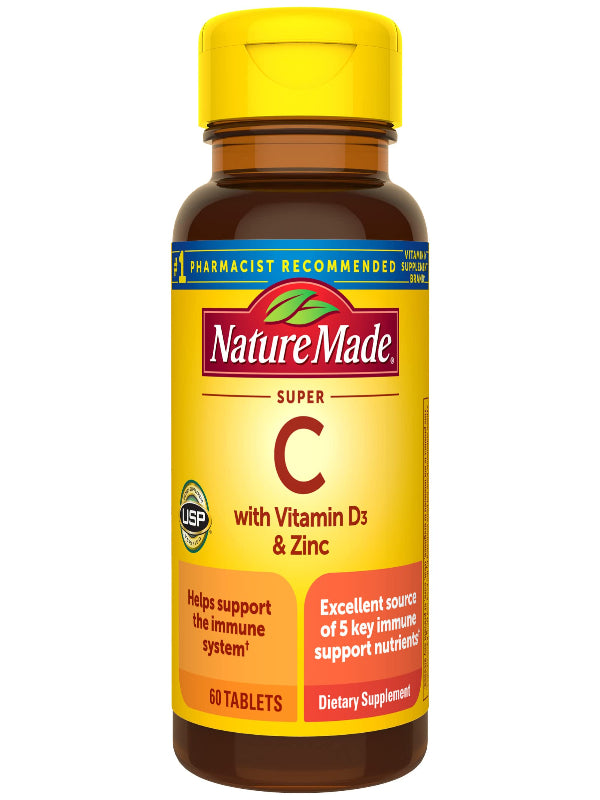 Nature Made Super C with Vitamin D3 and Zinc, Dietary Supplement for Immune Support, 60 Tablets, 60 Day Supply - Nirvana Guru
