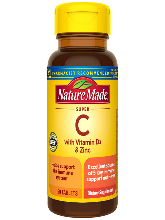 Nature Made Super C with Vitamin D3 and Zinc, Dietary Supplement for Immune Support, 60 Tablets, 60 Day Supply - Nirvana Guru