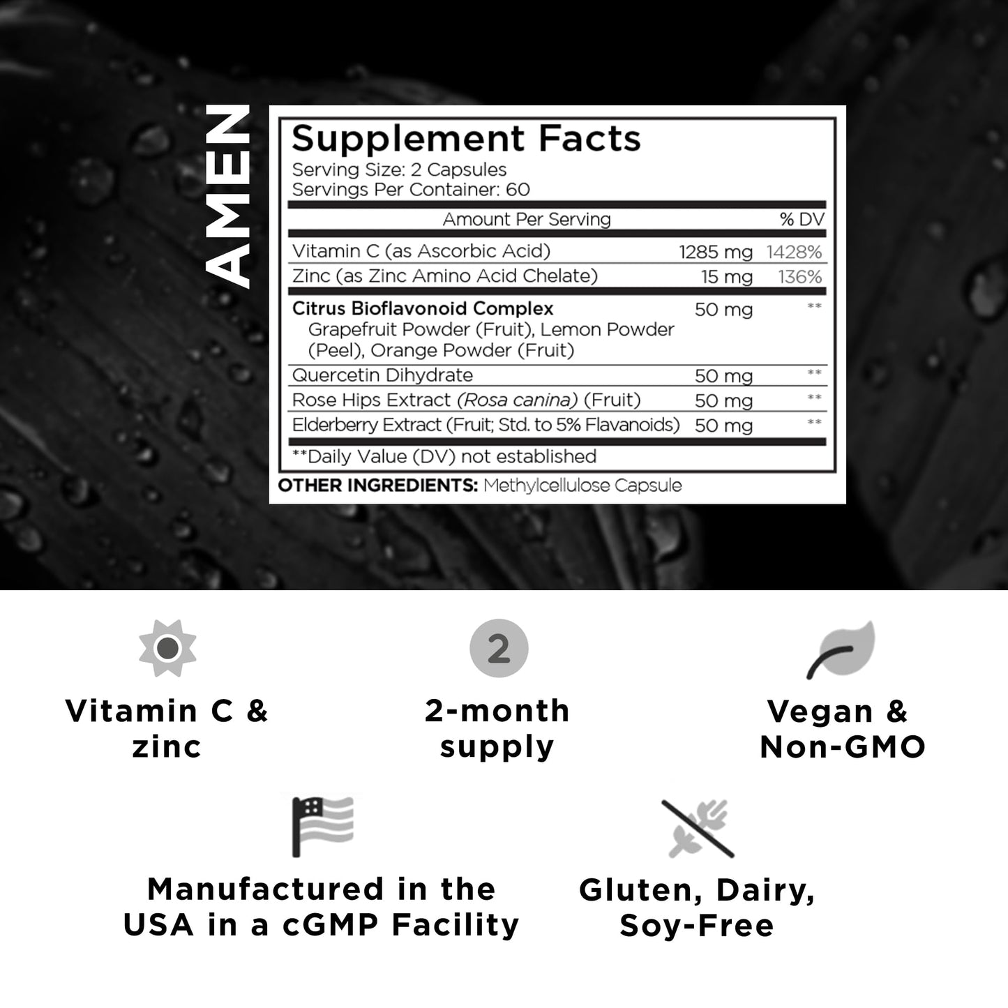 Amen Vitamin C+ Supplement with Zinc, Bioflavonoids, Quercetin, Rose HIPS, Elderberry – Vegan, Non-GMO – 2 Months Supply - 120 Capsules Nirvana Guru