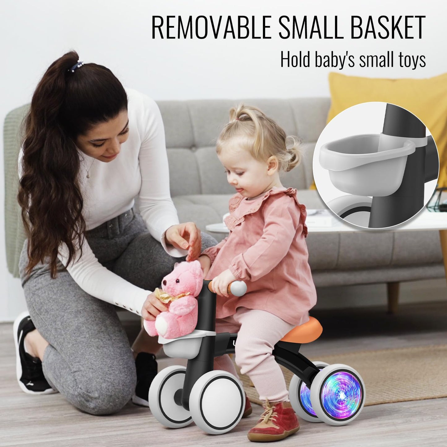Umatoll Colorful Lighting Baby Balance Bike Toys for 1 Year Old Girls Gifts, Adjustable Seat, 1st Birthday Gifts, 12-24 Months Toddler Bike, Pink Nirvana Guru