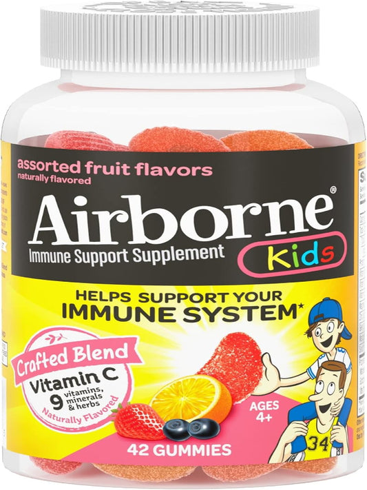 Airborne Vitamin C 500mg (per Serving) Kids Assorted Fruit Flavored Gummies (42 Count in a Bottle), Gluten-Free Immune Support Supplement with Vitamins A C E, Selenium, Echinacea & Ginger Nirvana Guru