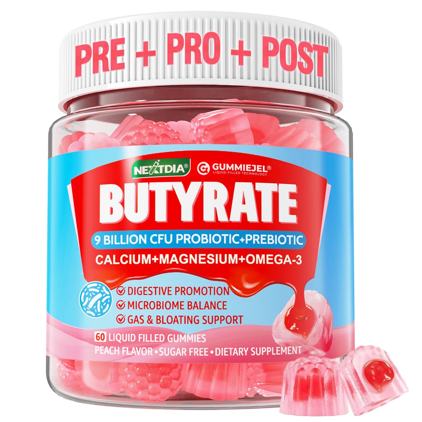 Butyrate Gummies with Probiotic + Prebiotic + Postbiotic, Omega-3 500mg,Fiber with 9 Billion CFU Probiotics, Calcium & Magnesium, Inulin,Psyllium Husk for Digestive Health,Bloating Support,Sugar Free Nirvana Guru