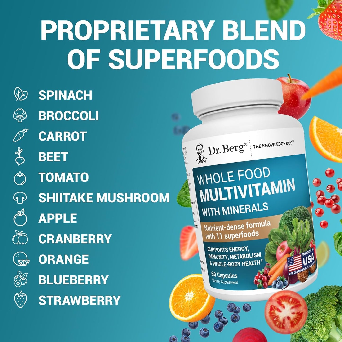 Dr. Berg Whole Food Multivitamin with Minerals - Daily Multivitamin for Men and Women - Includes Premium Whole Food Fruits and Vegetable Blend with Folate, Alpha-lipoic Acid and More - 60 Capsules - Nirvana Guru