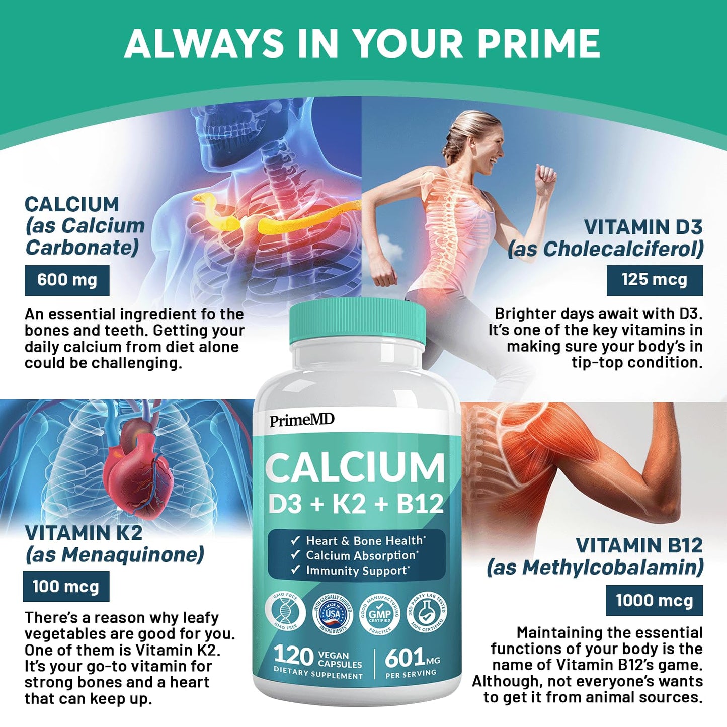 4-in-1 Calcium 1200mg with Vitamin D3 - Calcium Supplement for Women and Men with Vitamin K2 B12 5000 IU - Extra Strength Calcium Citrate for Bone and Heart Support (120ct) Nirvana Guru