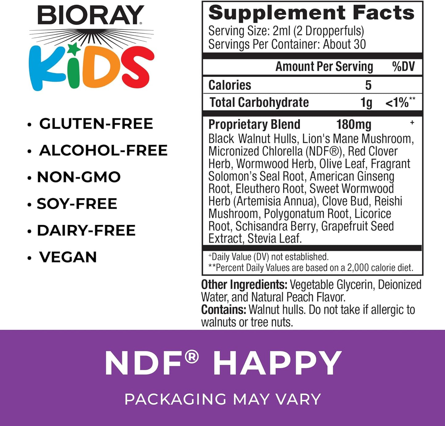 BIORAY Kids NDF Happy, Peach - 2 fl oz - Removes Unwanted Organisms That Can Trigger Irritability - 1-2 Month Supply Nirvana Guru