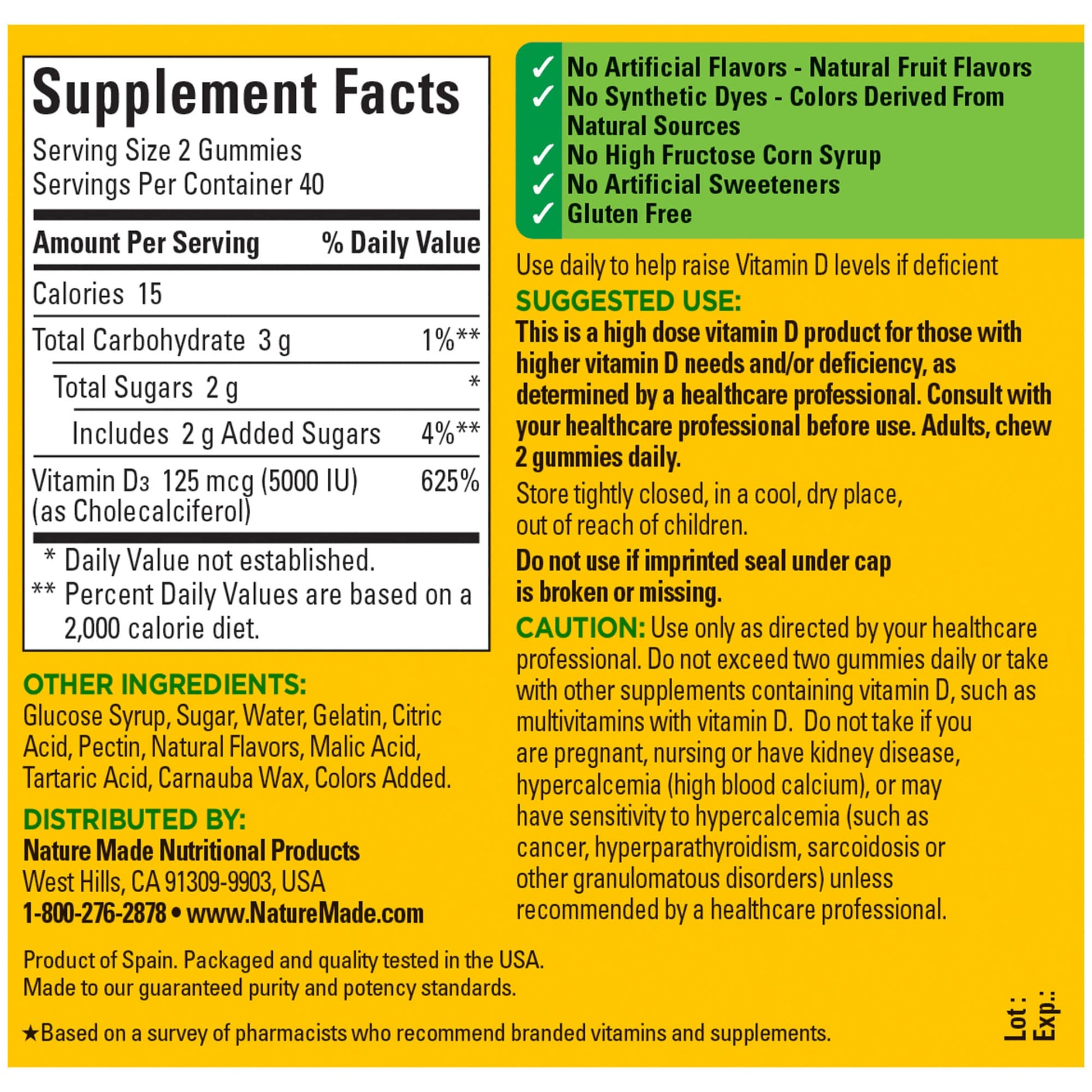 Nature Made Extra Strength Vitamin D3 5000 IU (125 mcg) per serving, Dietary Supplement for Bone, Teeth, Muscle and Immune Health Support, 150 Gummies, 75 Day Supply - Nirvana Guru