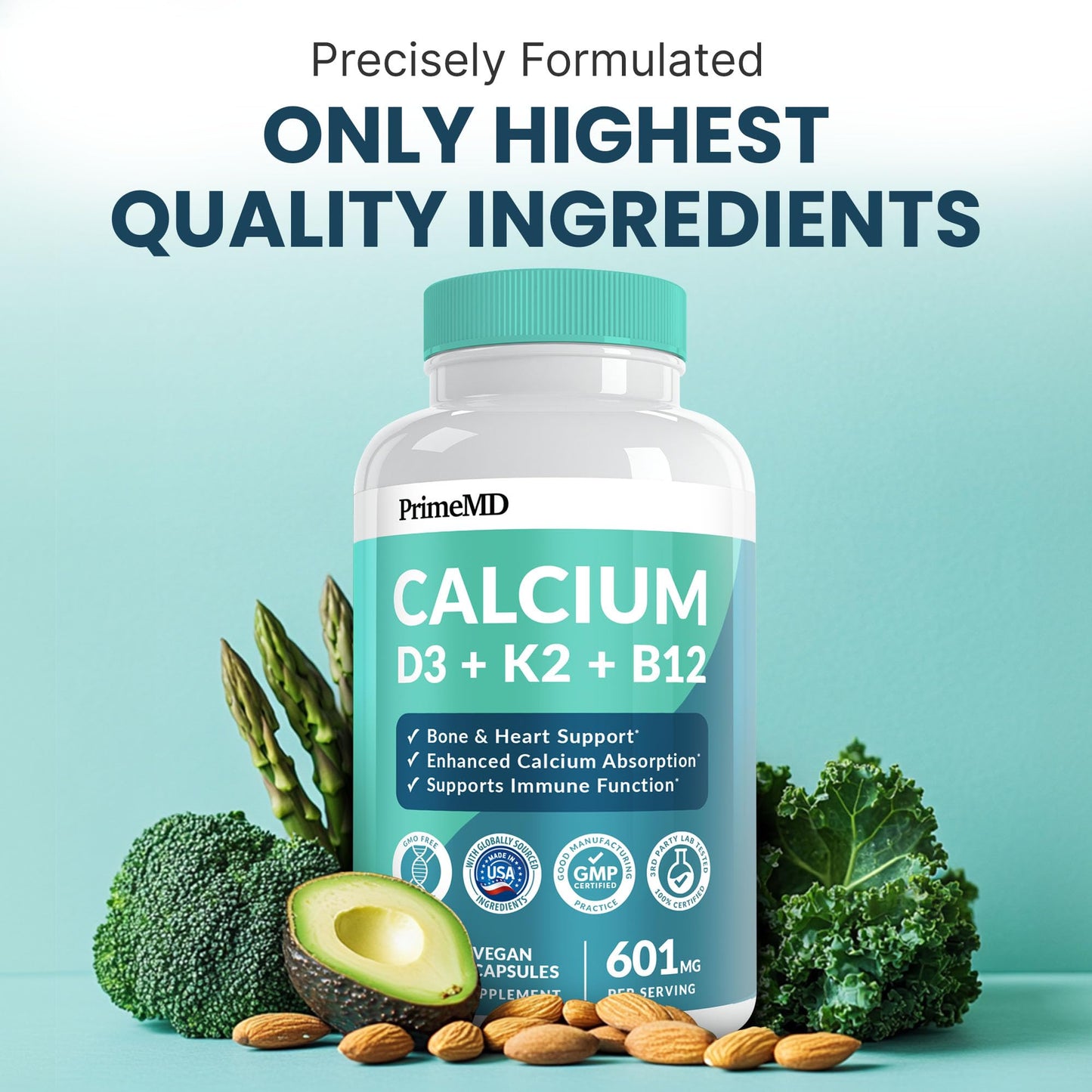 4-in-1 Calcium 1200mg with Vitamin D3 - Calcium Supplement for Women and Men with Vitamin K2 B12 5000 IU - Extra Strength Calcium Citrate for Bone and Heart Support (120ct) Nirvana Guru