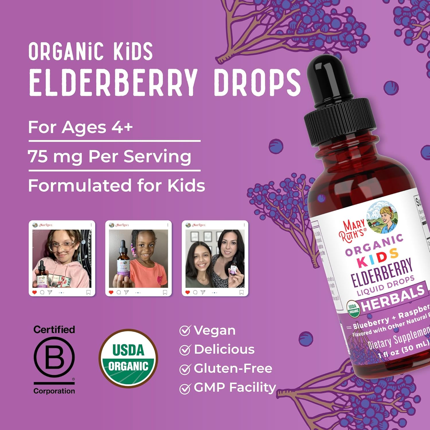 MaryRuth Organics USDA Organic Elderberry Liquid Drops for Kids | Vegan Elderberry Extract Organic Glycerin | Immune Support Supplement | Overall Health | Formulated for Ages 4-13 | 1oz - Nirvana Guru