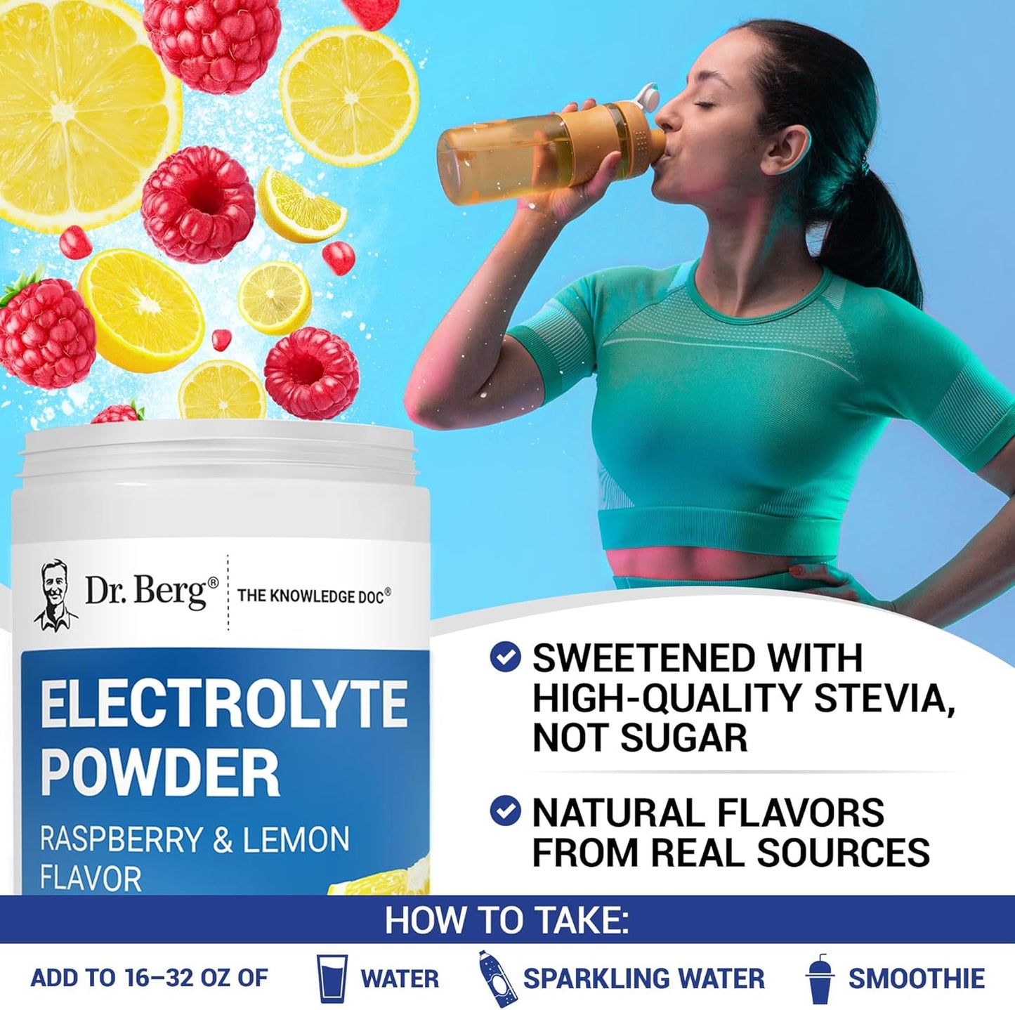 Dr. Berg Zero Sugar Hydration Keto Electrolyte Powder - Enhanced w/ 1000 mg of Potassium & Real Pink Himalayan Salt (NOT Table Salt) - Raspberry & Lemon Flavor Hydration Drink Supplement, 100 Servings - Nirvana Guru