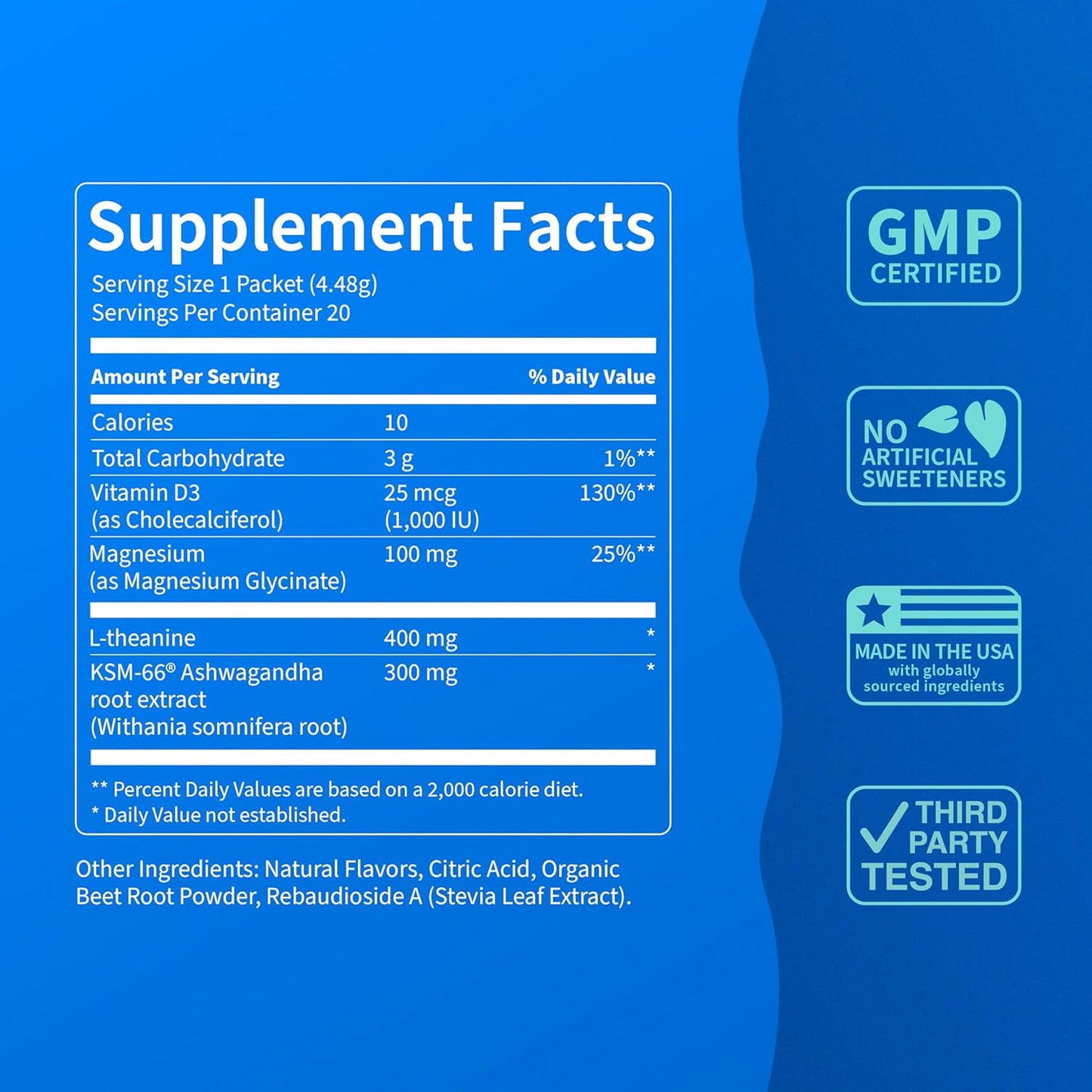 Supercalm Powdered Drink Mix, Raspberry Lemonade, L Theanine, Ksm-66 Ashwagandha, Magnesium Glycinate, Vitamin D 3, Supplements for Relaxation & Focus, No Sugar, Non GMO, On The Go, 20 Ct