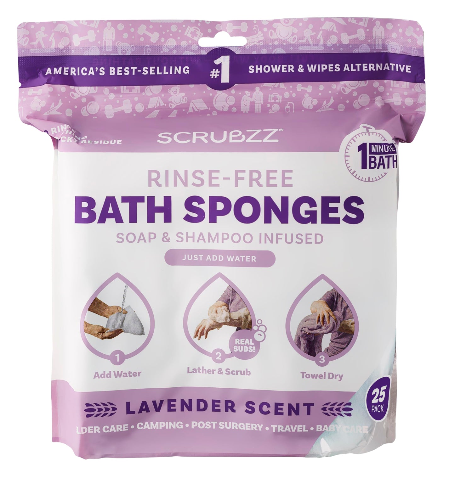 Scrubzz Disposable Rinse Free Bathing Wipes - 25 Pack - All-in-1 Single Use Shower Wipes, Simply Dampen, Lather, and Dry Without Shampoo or Rinsing Nirvana Guru