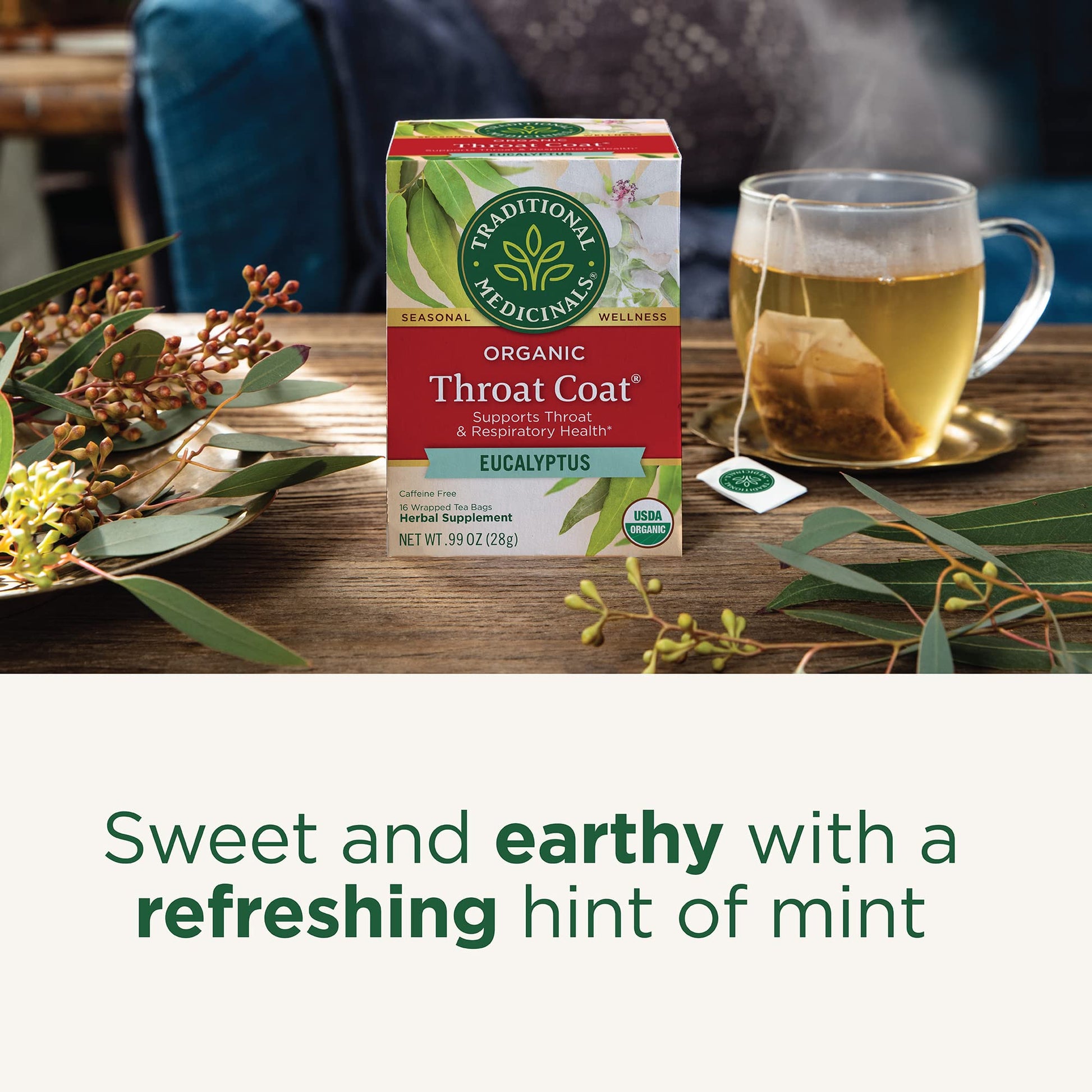 Traditional Medicinals Tea, Organic Throat Coat Eucalyptus, Throat and Respiratory Support, 16 Tea Bags - Nirvana Guru