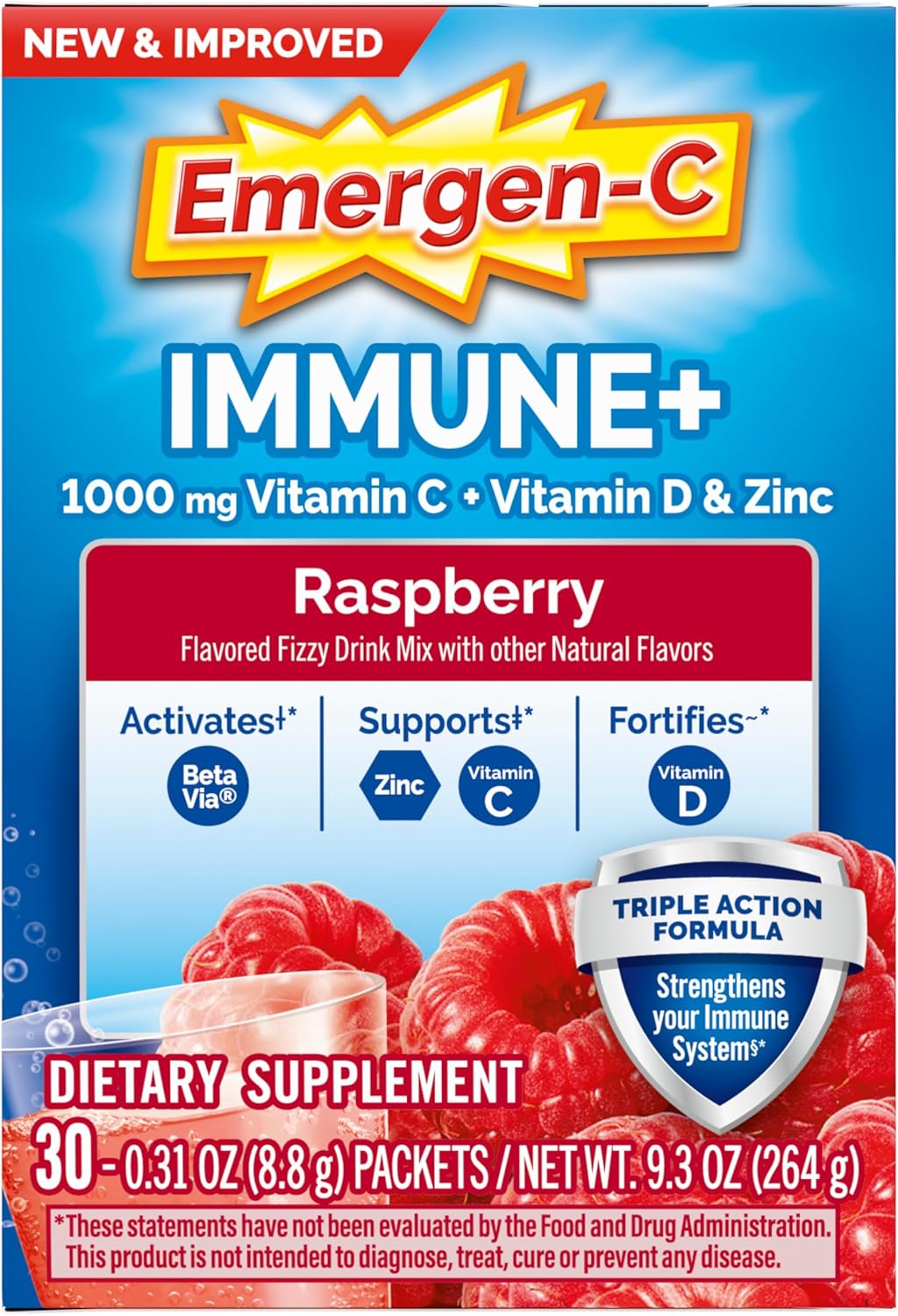 Emergen-C Immune+ Triple Action Immune Support Powder, BetaVia (R), 1000mg Vitamin C, B Vitamins, Vitamin D and Antioxidants, Raspberry – 30 Count Nirvana Guru