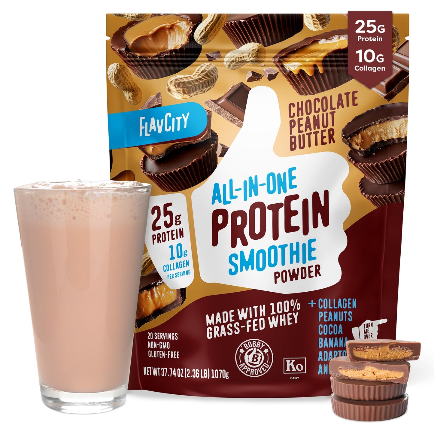 FlavCity Grass Fed Whey Protein Powder - Vanilla Smoothie - 25g Protein & 10g Collagen - Made with Real Vanilla Bean & Organic Coconut Milk - Gluten Free & No Added Sugars (20 Servings)