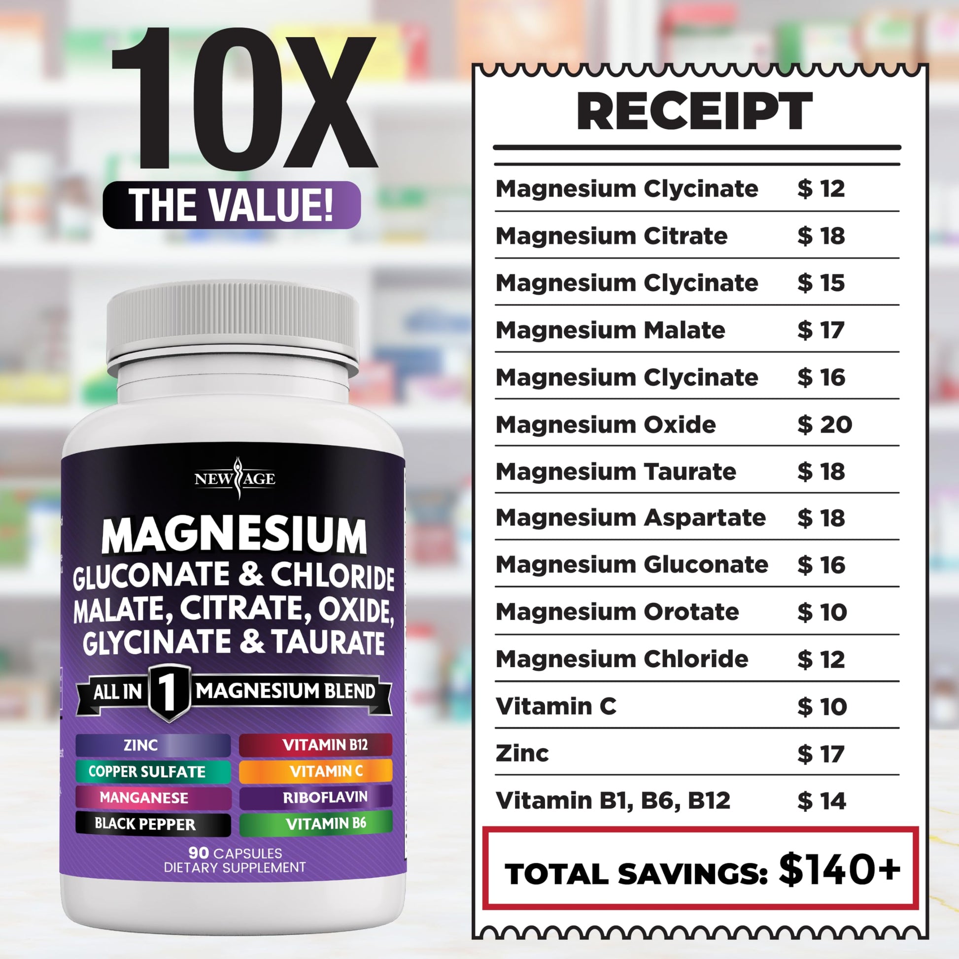 NEW AGE Magnesium Supplement -Powerful Glycinate Citrate Malate Oxide Taurate Aspartate Gluconate Orotate & Mag Chloride Manganese Bone Health and Bone Strength, Joint Support- 180 Count Nirvana Guru