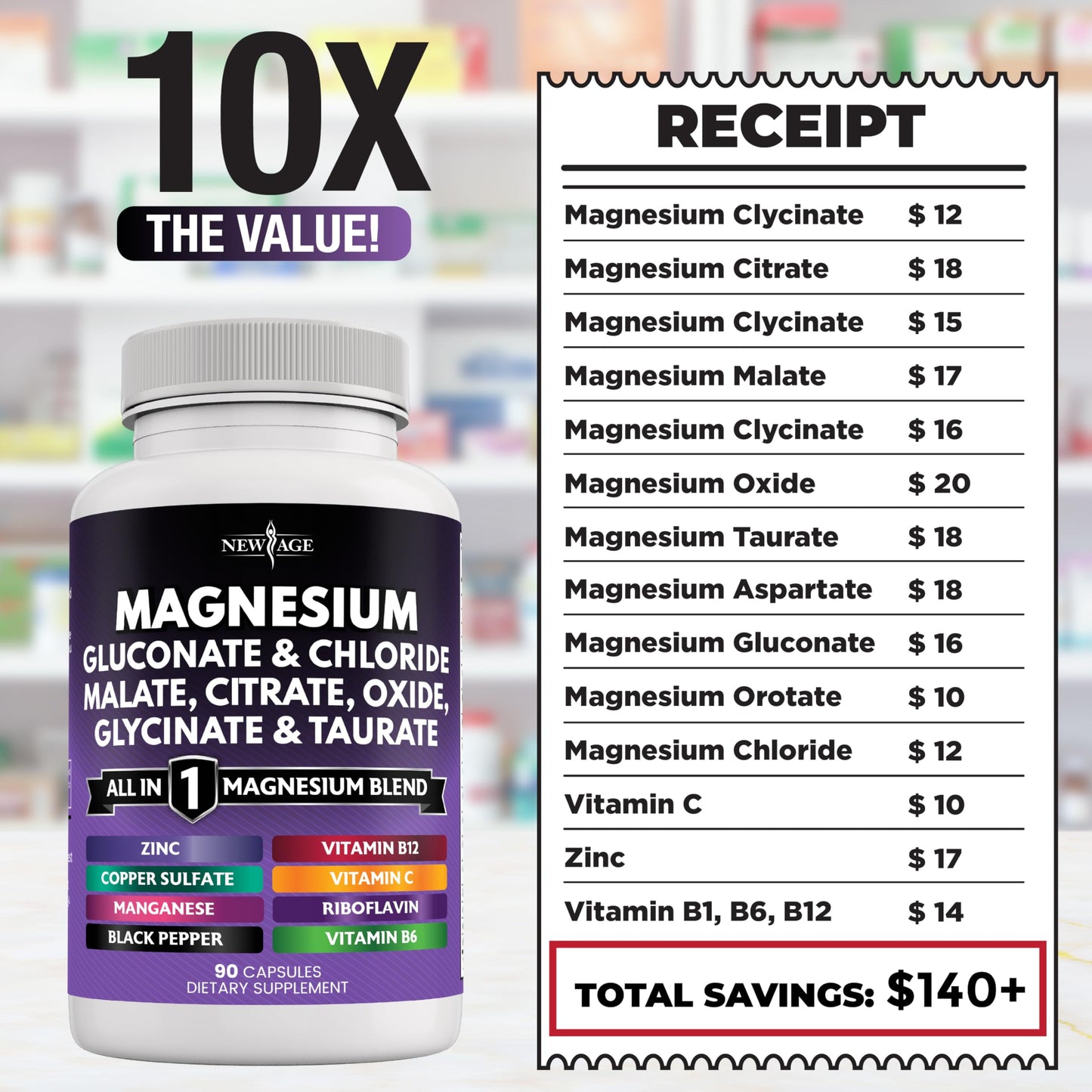 NEW AGE Magnesium Supplement -Powerful Glycinate Citrate Malate Oxide Taurate Aspartate Gluconate Orotate & Mag Chloride Manganese Bone Health and Bone Strength, Joint Support- 180 Count Nirvana Guru