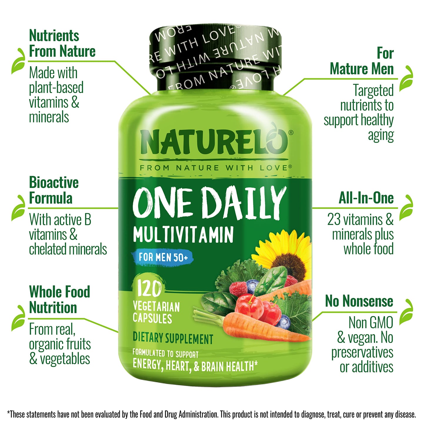 NATURELO Mens Multivitamins for Men 50+ - One Daily Multivitamin for Men with Vitamins, Minerals & Organic Whole Foods, Boost Energy & Health, Non-GMO, 60 Vegetarian Capsules - Nirvana Guru