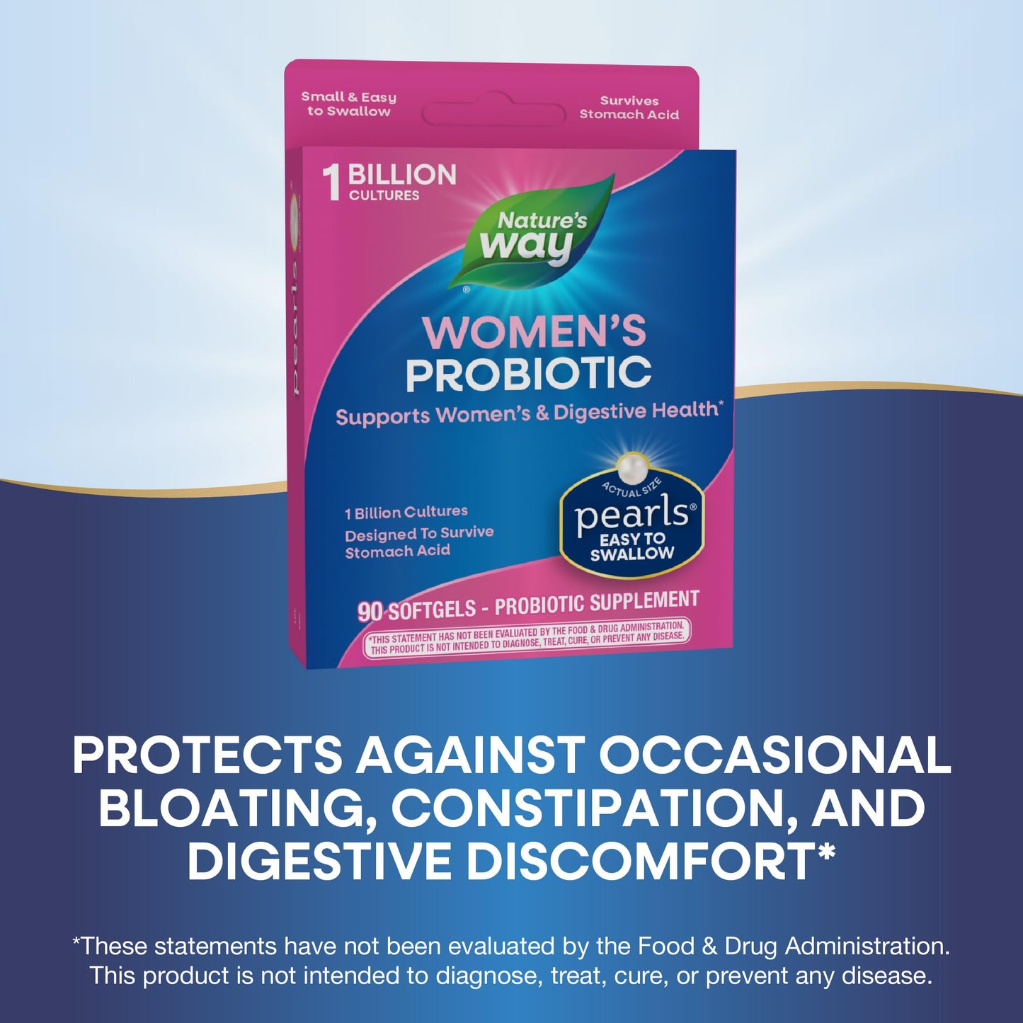 Nature's Way Women's Probiotic Pearls, Supports Women's and Digestive Health*, Protects Against Occasional Constipation & Bloating*, 1 Billion Live Cultures, 90 Softgels (Packaging May Vary) - Nirvana Guru