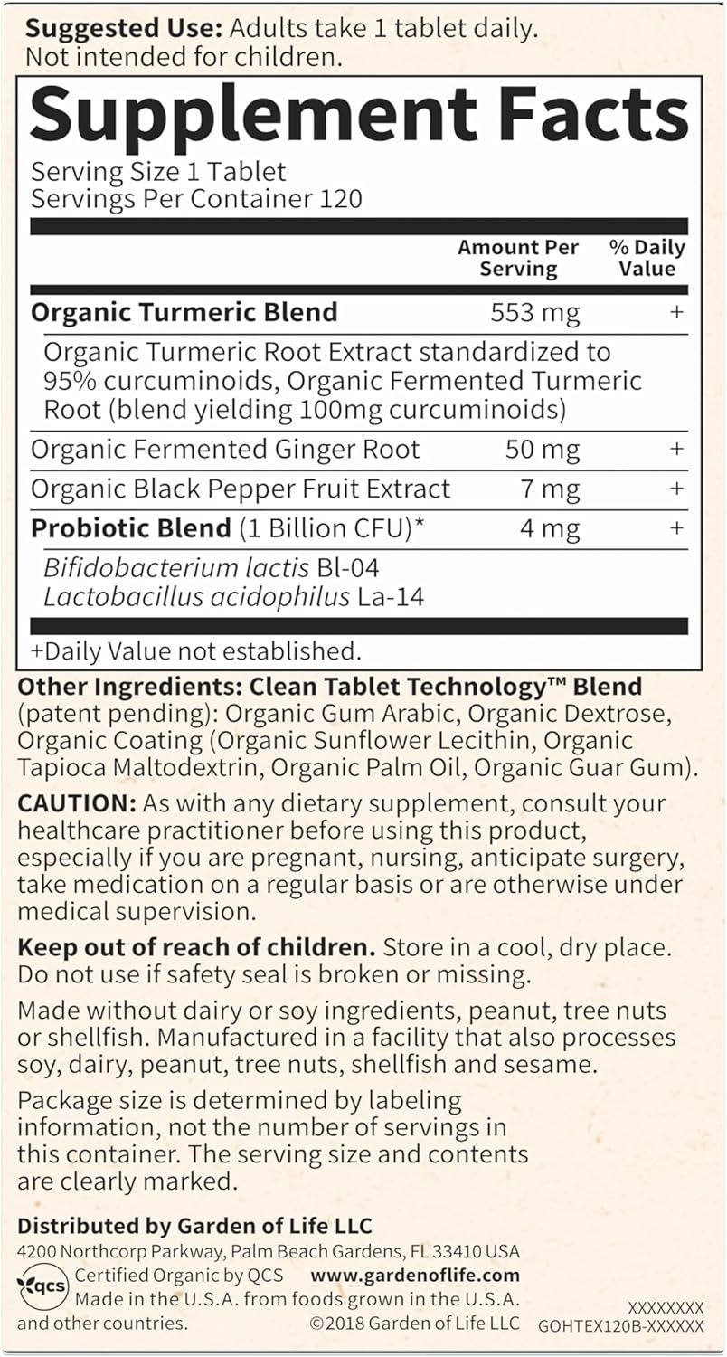 Garden of Life Organics Extra Strength Turmeric Inflammatory Response 120 Tablets-100Mg Curcumin (95% Curcuminoids) Black Pepper, Probiotics, Organic Non-GMO Vegan Gluten Free Herbal Supplement - Nirvana Guru