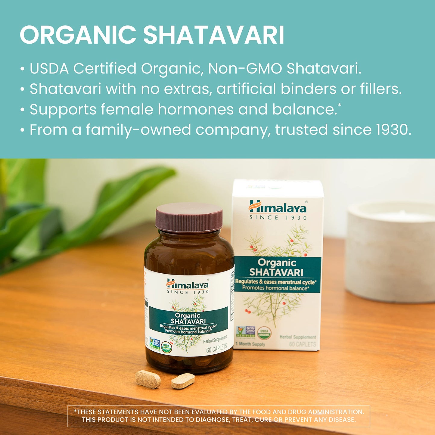 Himalaya Organic Shatavari for PMS, Menstrual Cramp Relief, Menopause Support, and Women's Health, 1,300 mg, 60 Caplets, 1 Month Supply - Nirvana Guru