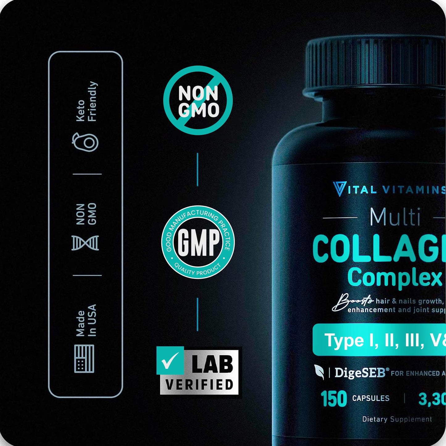 Vital Vitamins Multi Collagen for Women & Men - Type I, II, III, V, X - Grass Fed, Non-GMO - 150 Capsules