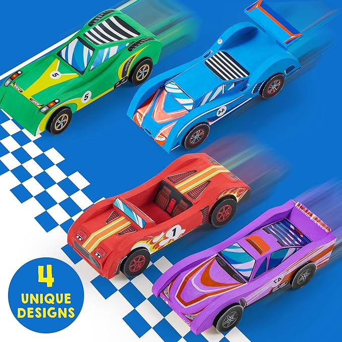Klever Kits 4 DIY Wooden Race Cars-Build & Paint Your Own Wood Craft Kit, 4 Race Cars Toy, Easy to Assemble Arts Crafts Kit, Birthday Party Presents for Kids Boys and Girls nirvanaguru