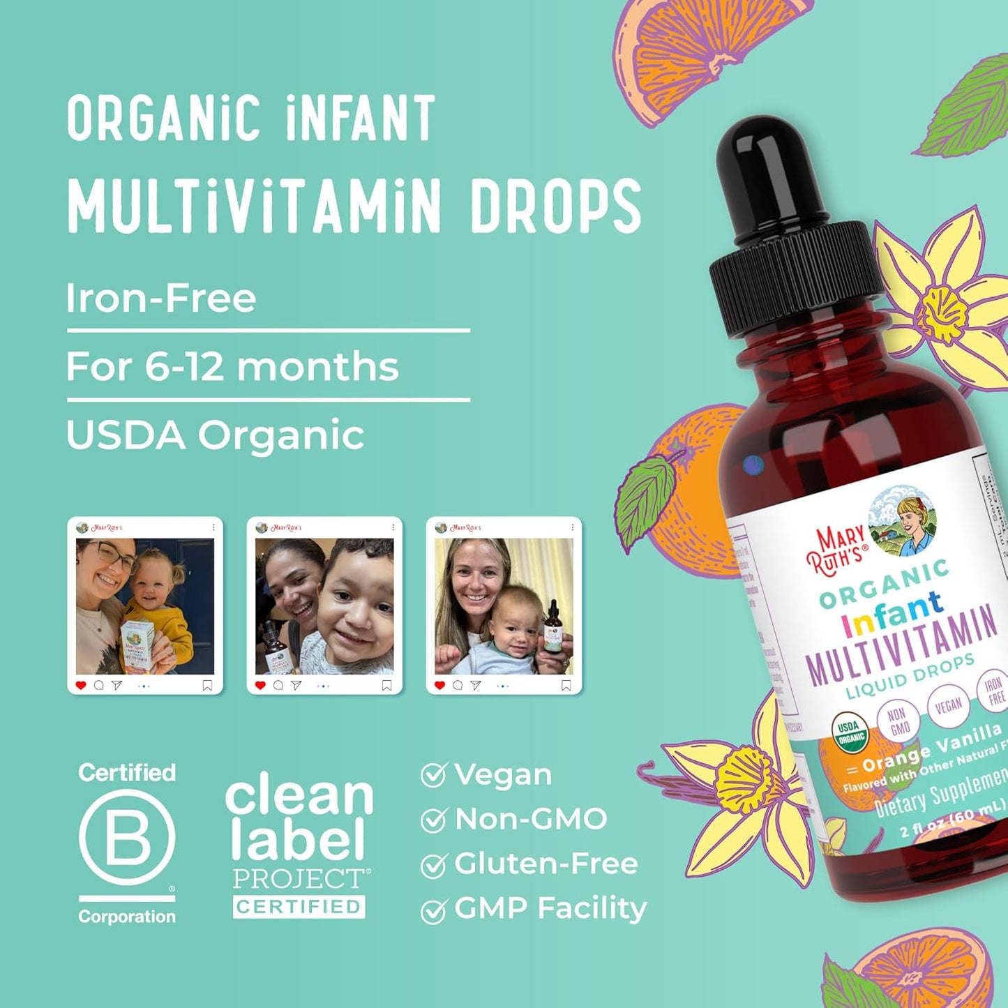 MaryRuth Organics Multivitamin for Infants | USDA Organic | Multivitamin Liquid Drops for Babies 6-12 Months | Immune Support & Overall Wellness | Vegan | Non-GMO | Gluten Free | 2 Fl Oz - Nirvana Guru