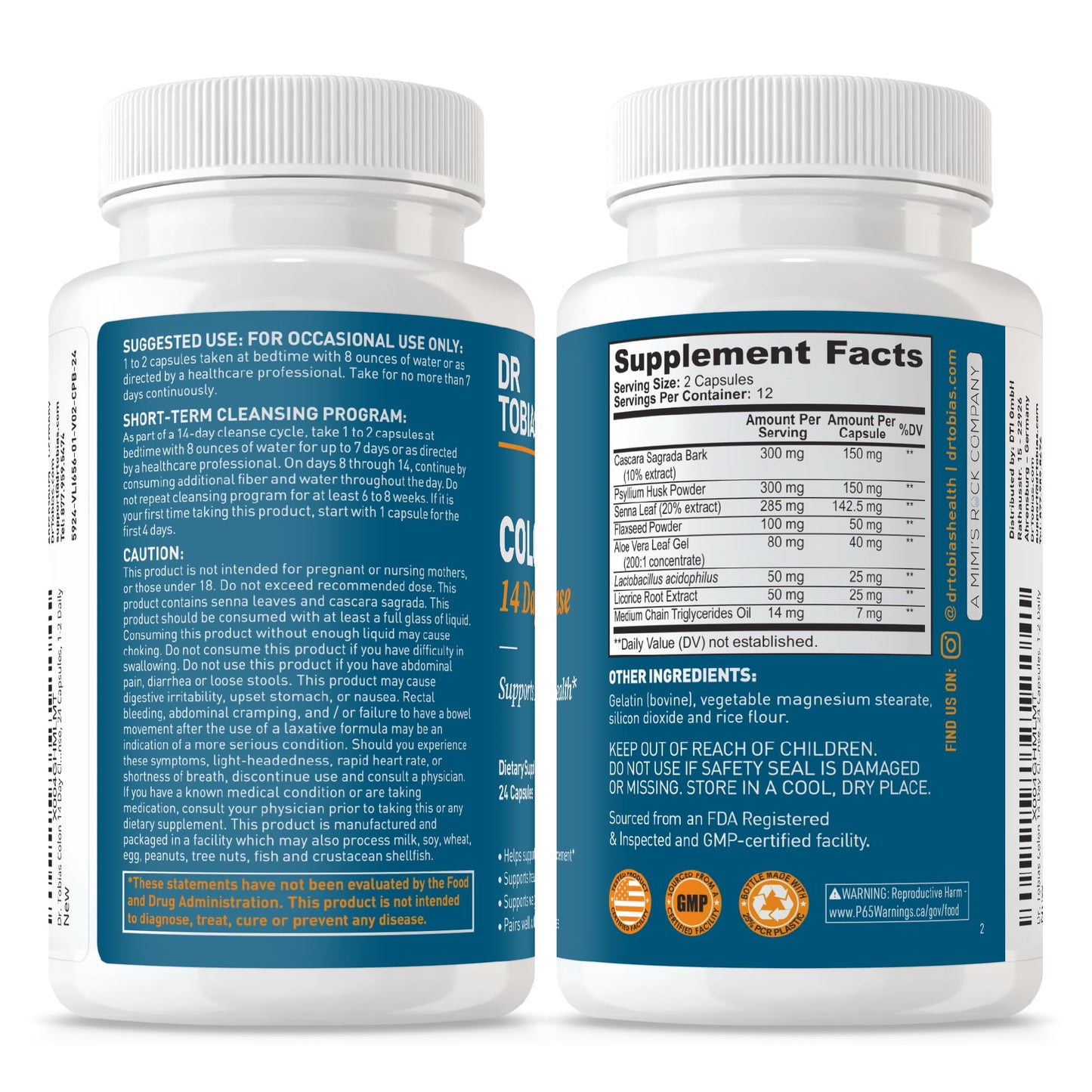 Dr. Tobias Colon 14 Day Cleanse, Advanced Gut Cleanse Detox for Women & Men with Cascara Sagrada, Psyllium Husk, Senna Leaf & Probiotics, Non-GMO Colon Cleanse, 28 Capsules 1-2 Daily