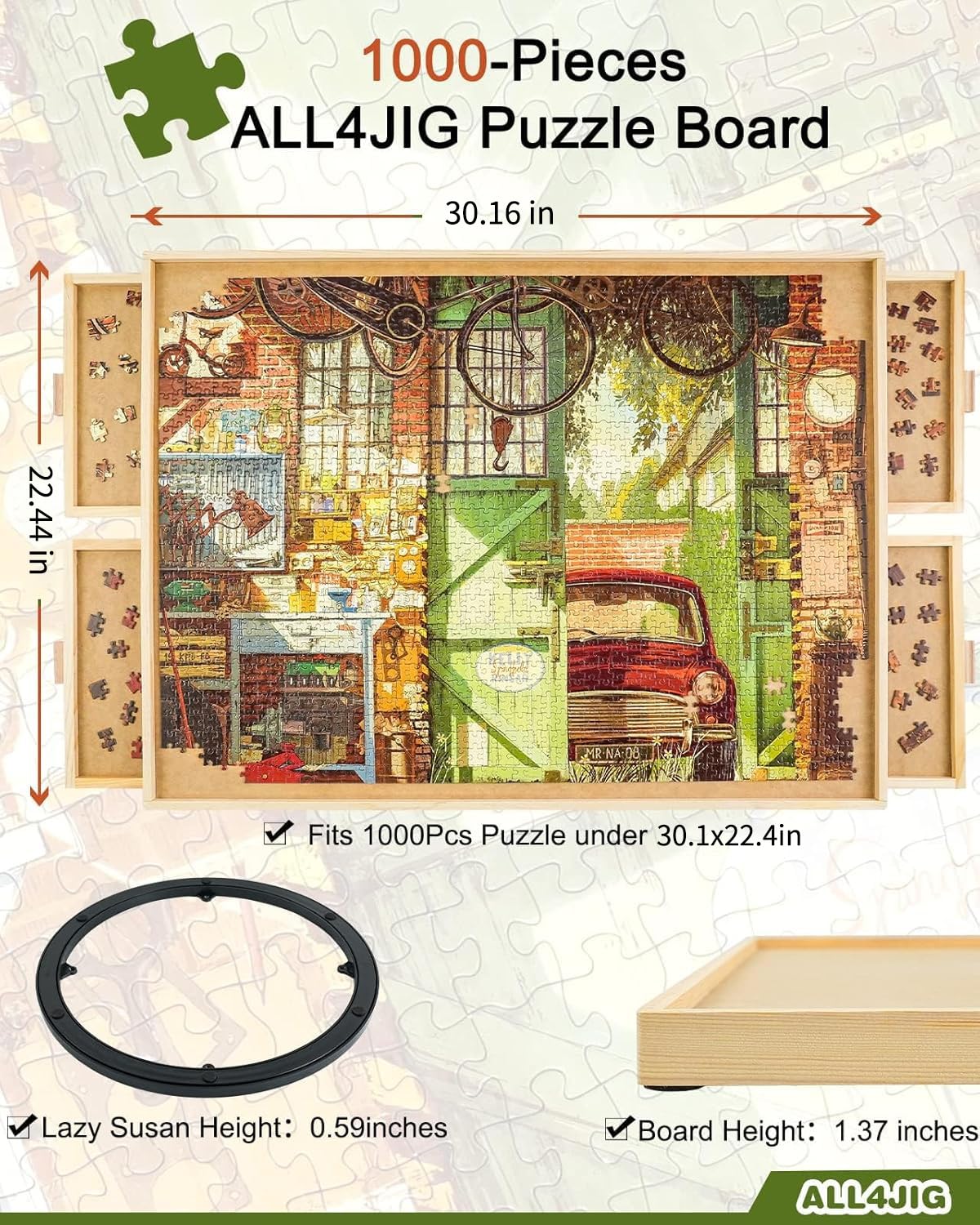 ALL4JIG 1500 Piece Rotating Puzzle Board with Drawers and Cover,25"x34"Portable Wooden Jigsaw Puzzle Table for Adults Portable,Lazy Susan Spinning Puzzle Boards Birthday Gift for mom Nirvana Guru