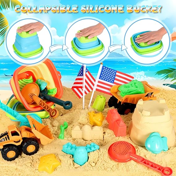 Beach Sand Toys for Kids, 29PCS Sandbox Toys with 2 Collapsible Bucket Sand, 2 Dump Truck, Dinosaur Molds, Castle Building Kit, Shovel Sieve,Flags,Mesh Bag Travel Beach Toys for Toddler 3-10 nirvanaguru
