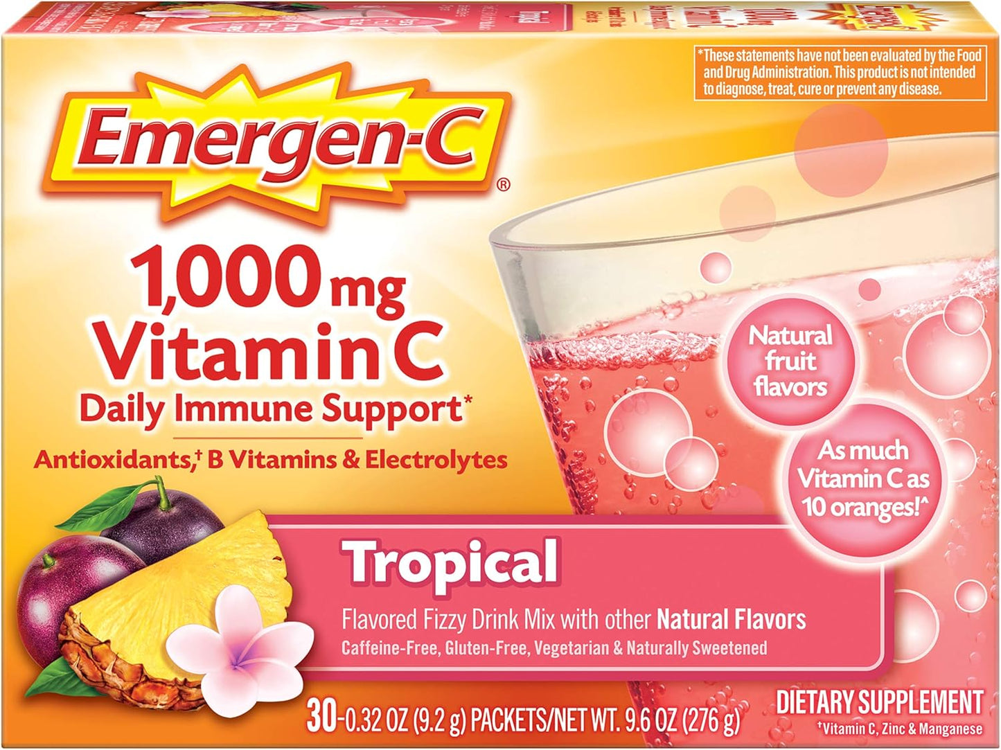 Emergen-C 1000mg Vitamin C Powder for Daily Immune Support Caffeine Free Vitamin C Supplements with Zinc and Manganese, B Vitamins and Electrolytes, Super Orange Flavor - 30 Count Nirvana Guru