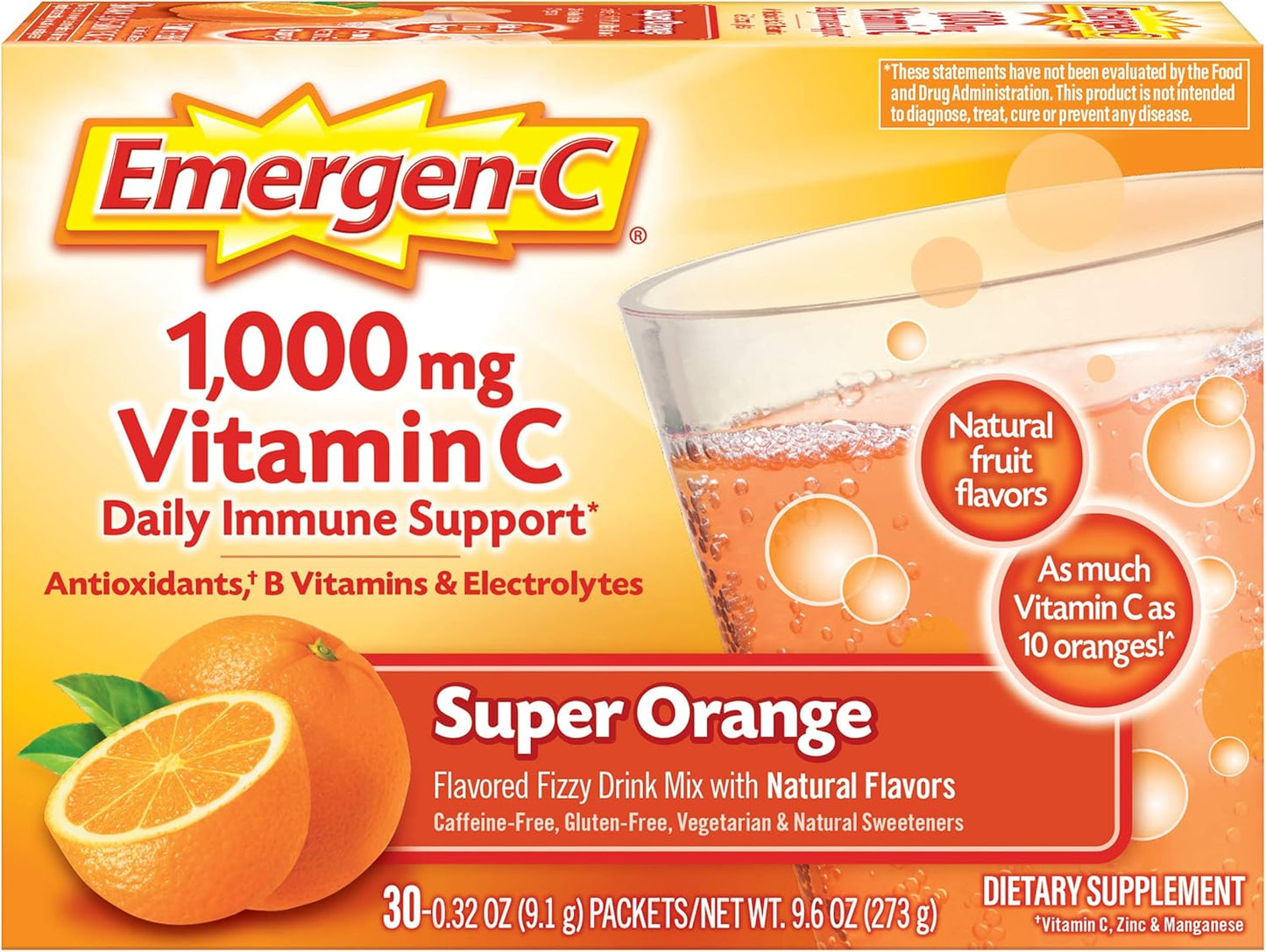 Emergen-C 1000mg Vitamin C Powder for Daily Immune Support Caffeine Free Vitamin C Supplements with Zinc and Manganese, B Vitamins and Electrolytes, Super Orange Flavor - 30 Count Nirvana Guru