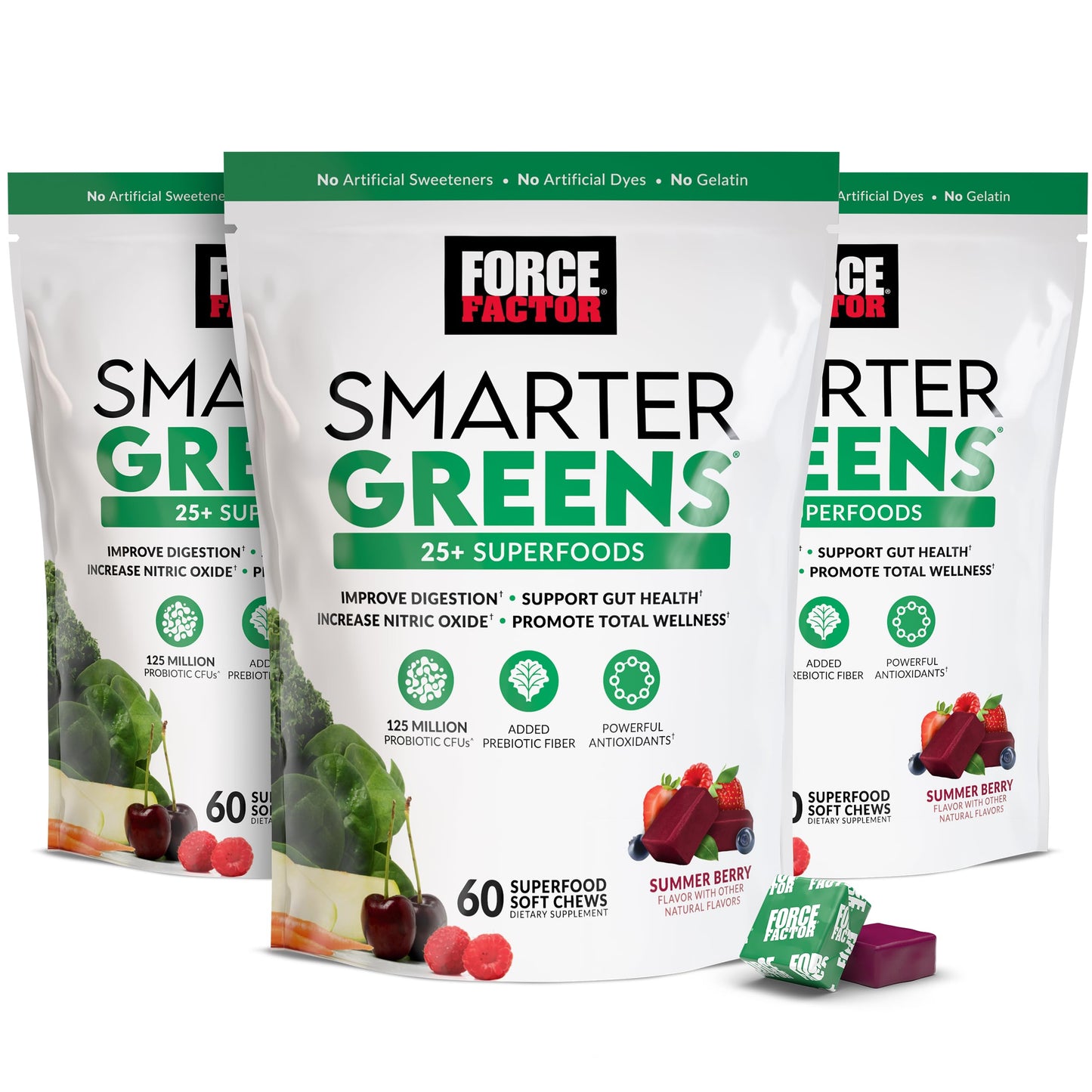 FORCE FACTOR Smarter Greens Superfood Chews, Greens and Superfoods with Probiotics, Antioxidants, and Fiber, Greens Supplement to Support Digestion, Nitric Oxide, and Energy, 60 Soft Chews