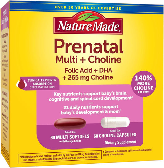 Nature Made Prenatal Vitamin Softgels + Choline Capsules, Folic Acid + DHA + Choline, 60 Prenatal Vitamins for Women, 60 Choline Supplements Capsules, 60 Day Supply - Nirvana Guru