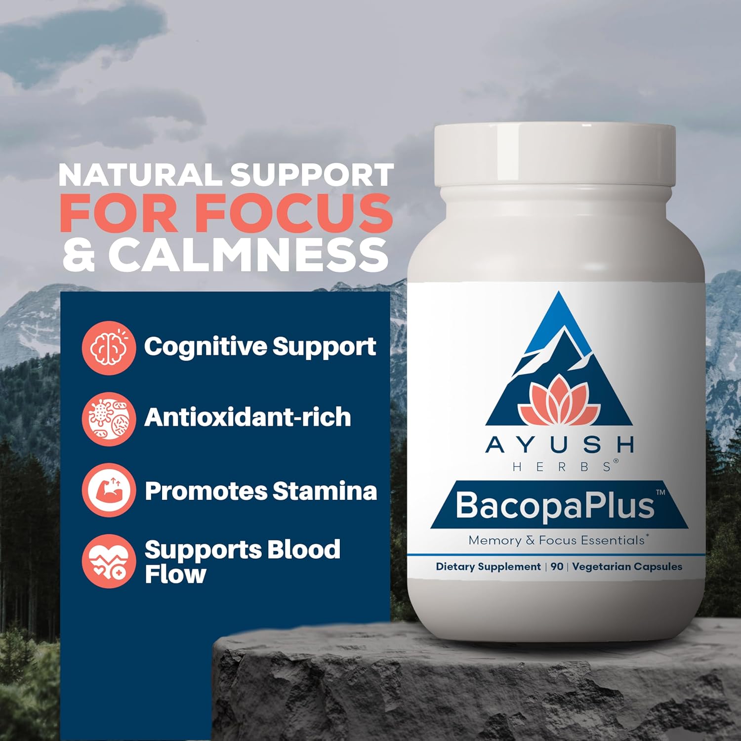 Ayush Herbs BacopaPlus - Bacopa Supplements, Organic Bacopa for Memory & Focus, Cognitive Support Pill for Adults with Ginkgo, Gotu Kola, Ashwagandha - 90 Vegetarian Capsules (1 Count) Nirvana Guru