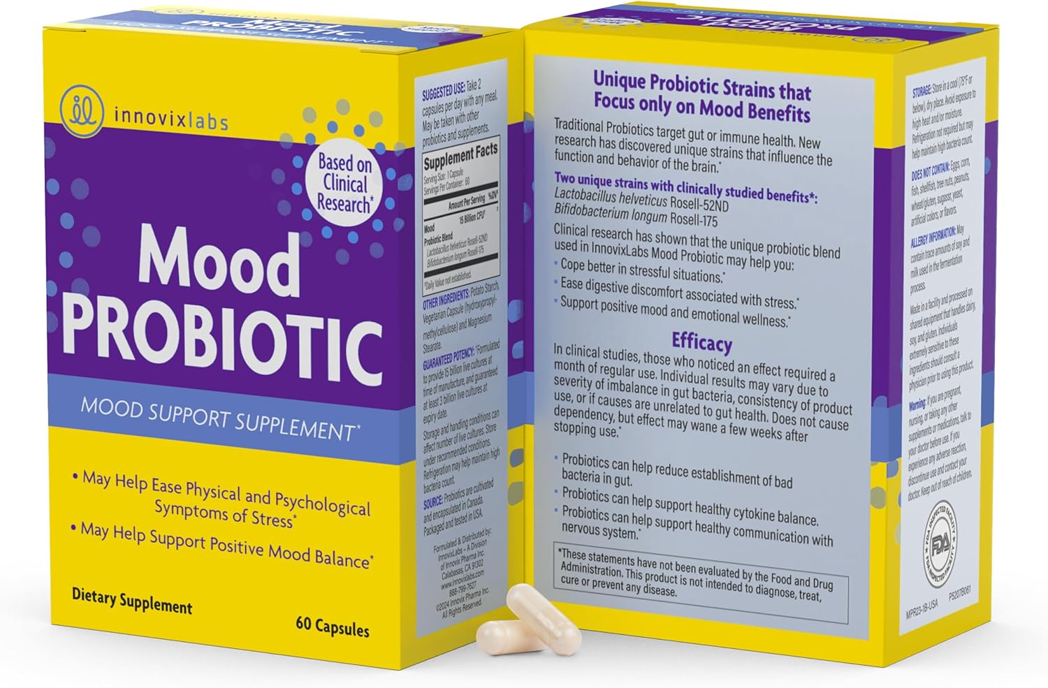 InnovixLabs Mood Probiotic for Women & Men, Clinically Studied Digestive & Mood Support Supplement, Lactobacillus helveticus Rosell-52ND & Bifidobacterium longum Rosell-175, 60 Capsules - Nirvana Guru