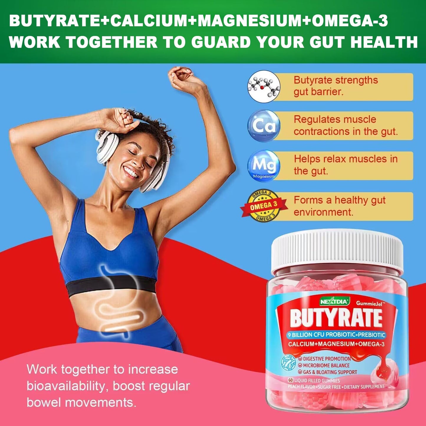 Butyrate Gummies with Probiotic + Prebiotic + Postbiotic, Omega-3 500mg,Fiber with 9 Billion CFU Probiotics, Calcium & Magnesium, Inulin,Psyllium Husk for Digestive Health,Bloating Support,Sugar Free Nirvana Guru