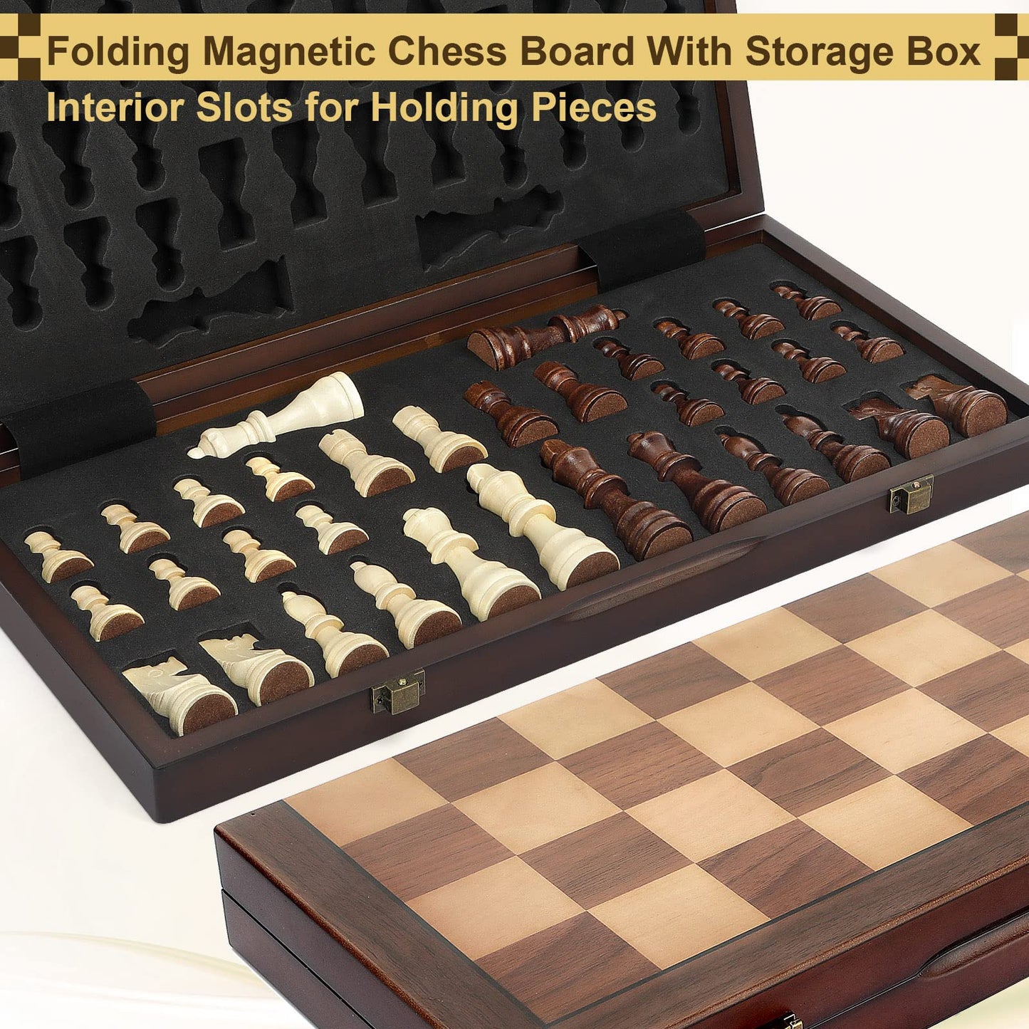 Magnetic Wooden Chess Set for Adults Kids 15'' Chess Board with Handmade Pieces, Folding Portable Travel Unique Chess Sets Game for Tournament Professional Beginner Nirvana Guru