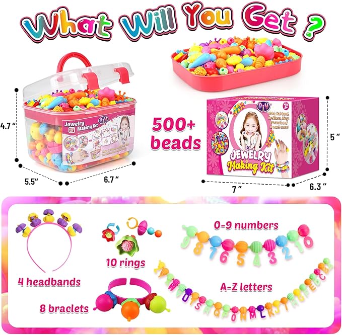 FUNZBO 520+ Snap Pop Beads - Jewelry Making Kit for Kids, Arts and Crafts for Kids Ages 4-8, Toys for 3 4 5 6 Years Old Girls Birthday Gifts Ideas, Bracelet Necklace Ring Snap Set for Little Girls nirvanaguru