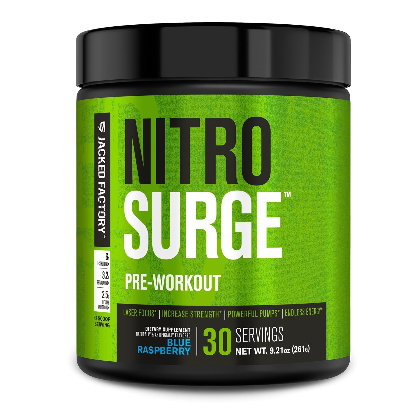 Jacked Factory NITROSURGE Pre Workout Supplement - Energy Booster, Instant Strength Gains, Clear Focus & Intense Pumps - NO Booster & Powerful Preworkout Energy Powder - 30 Servings, Blue Raspberry