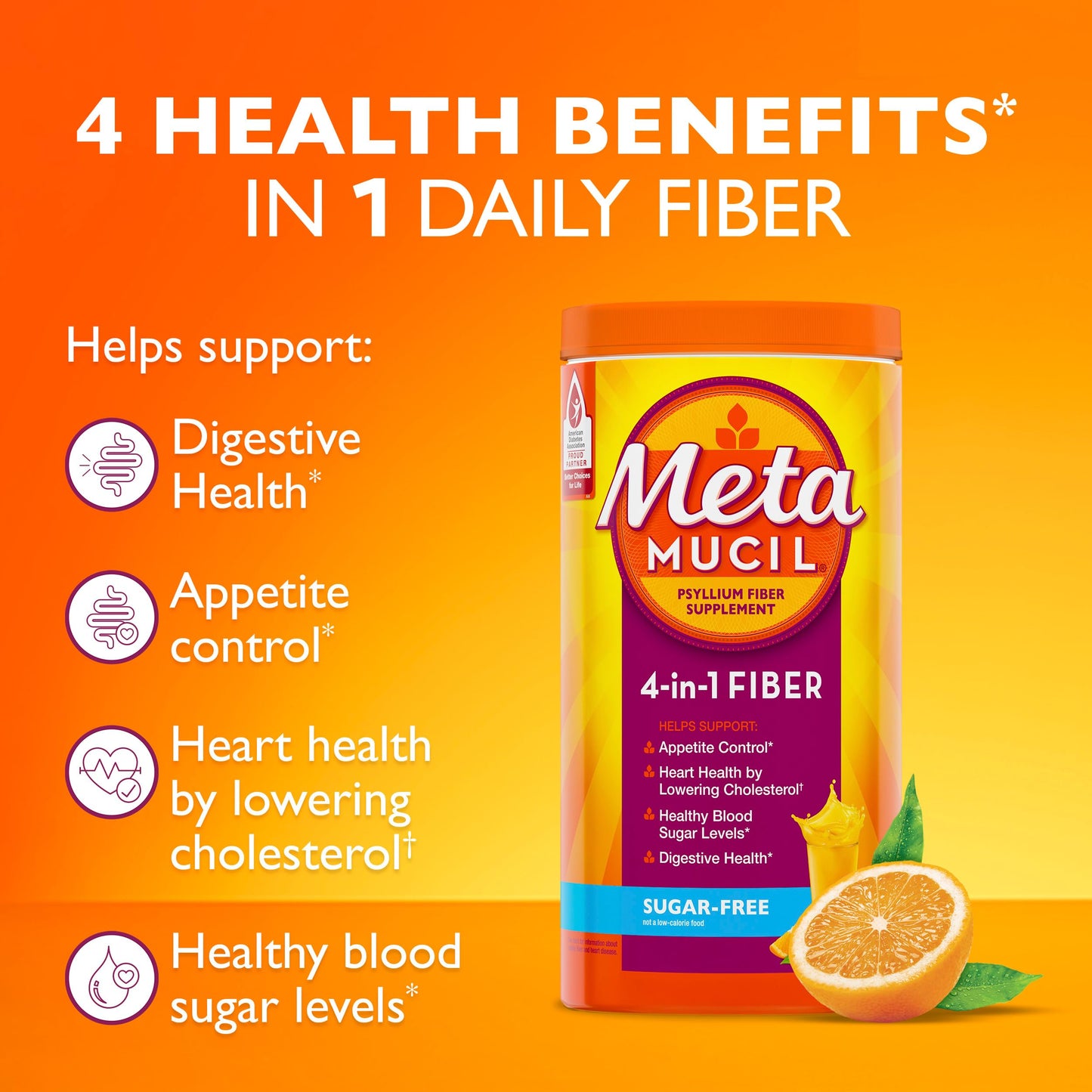 Metamucil 4-in-1 Daily Fiber Supplement, Psyllium Husk Powder for Digestive Health, Sugar-Free Fiber Supplement, Orange, Naturally Sourced Psyllium Husk Powder, 180 teaspoons