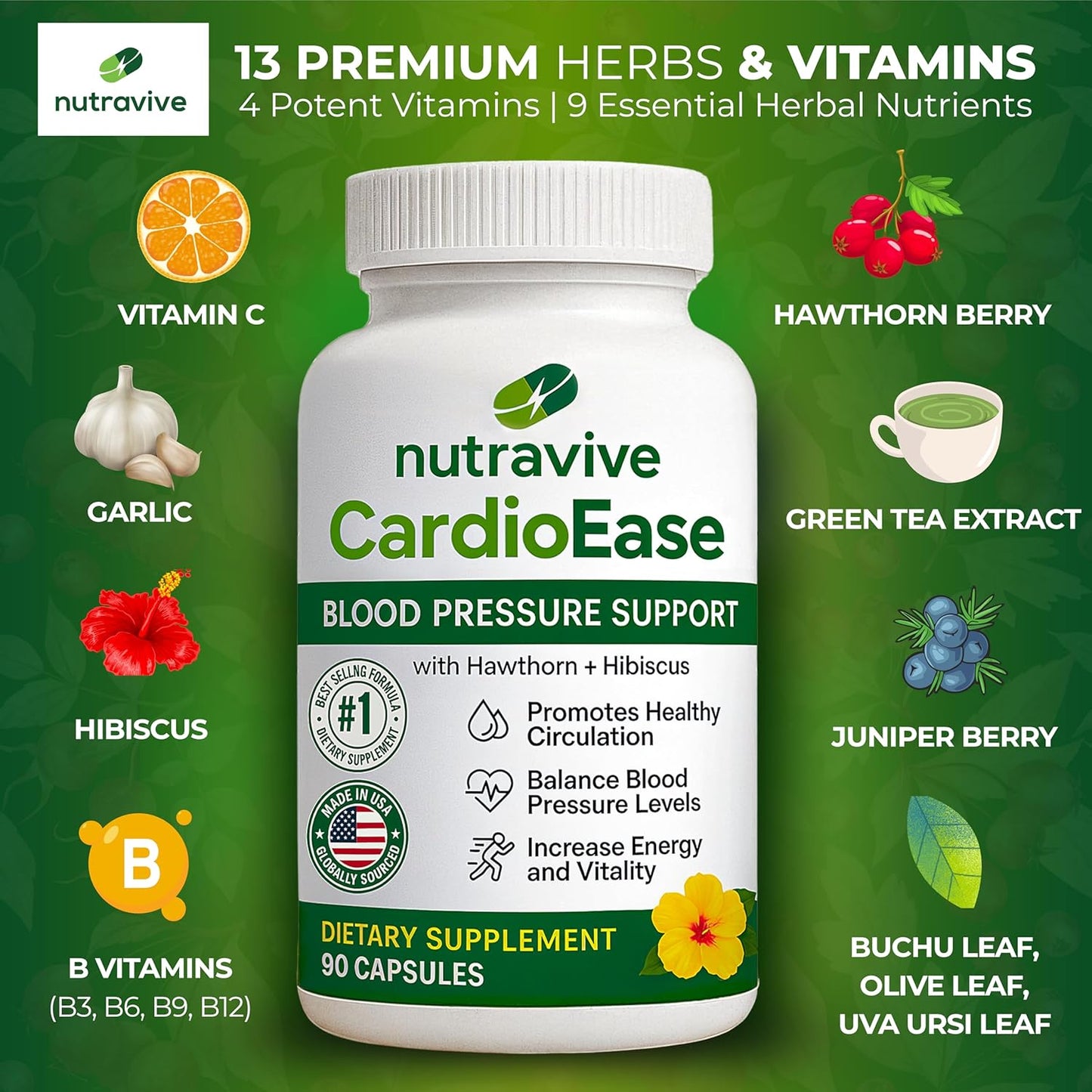 Nutravive Blood Pressure Support Supplement – Natural Heart & Circulation Support with Hawthorn, Garlic, Olive Leaf, Hibiscus & B12 – USA Made, GMP Facility, Third-Party Tested – 90 Capsules Nirvana Guru