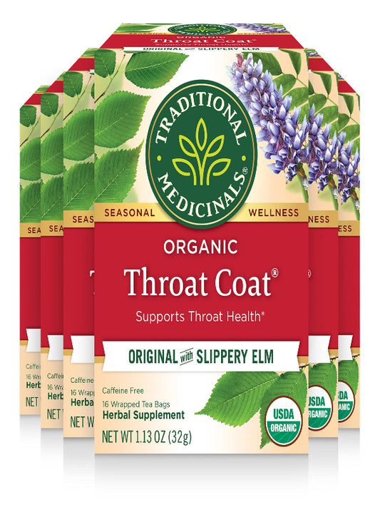 Traditional Medicinals Tea, Organic Throat Coat, Supports Throat Health, 96 Tea Bags (6 Pack) - Nirvana Guru